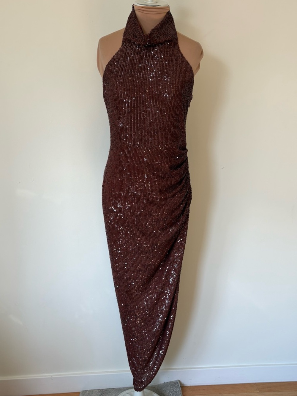 ITMFL Marissa Chocolate Brown Sequin Asymmetrical Mockneck Gown Dress EUC Size S - Picture 5 of 11